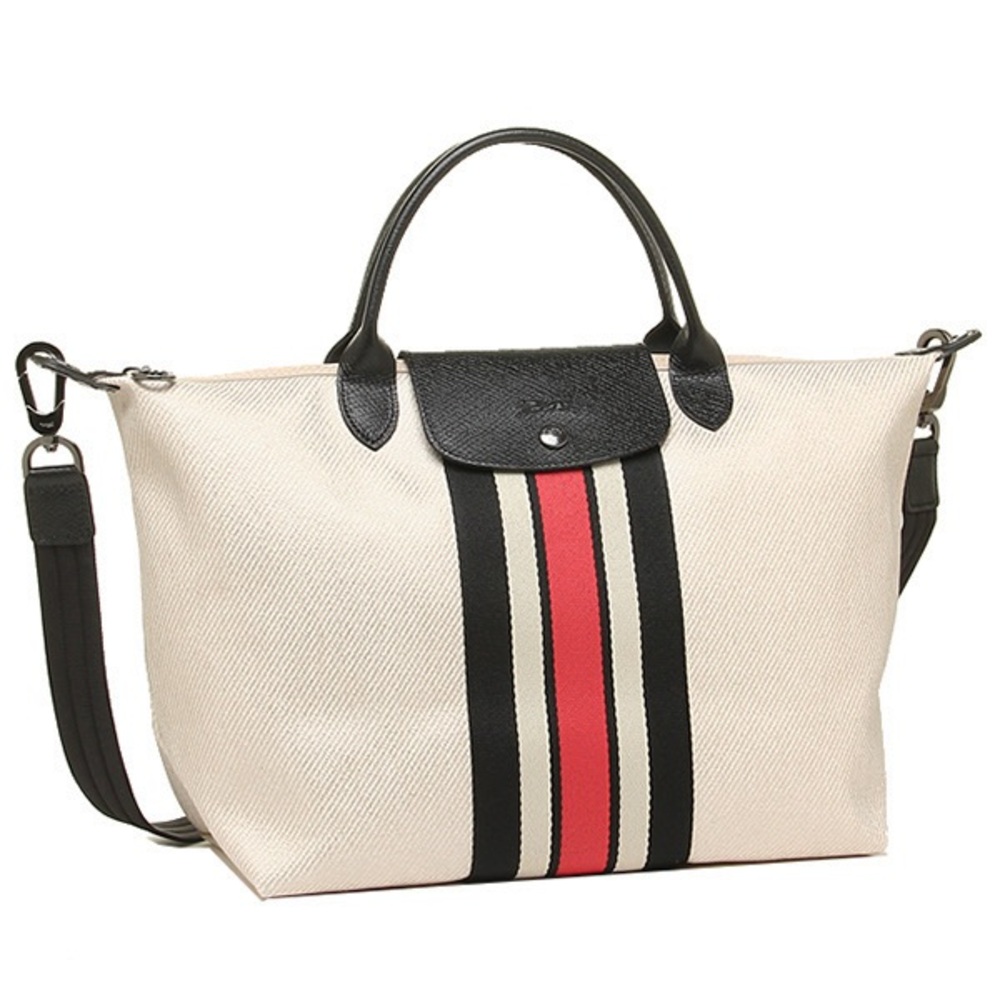 Longchamp Model Depose Cream and Black Crossbody Bag with Red Stripe
